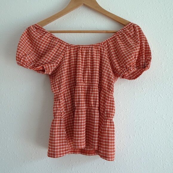 Madewell Omaha Tiered Top Women's Size XS Orange Gingham Square Neck - Picture 6 of 8